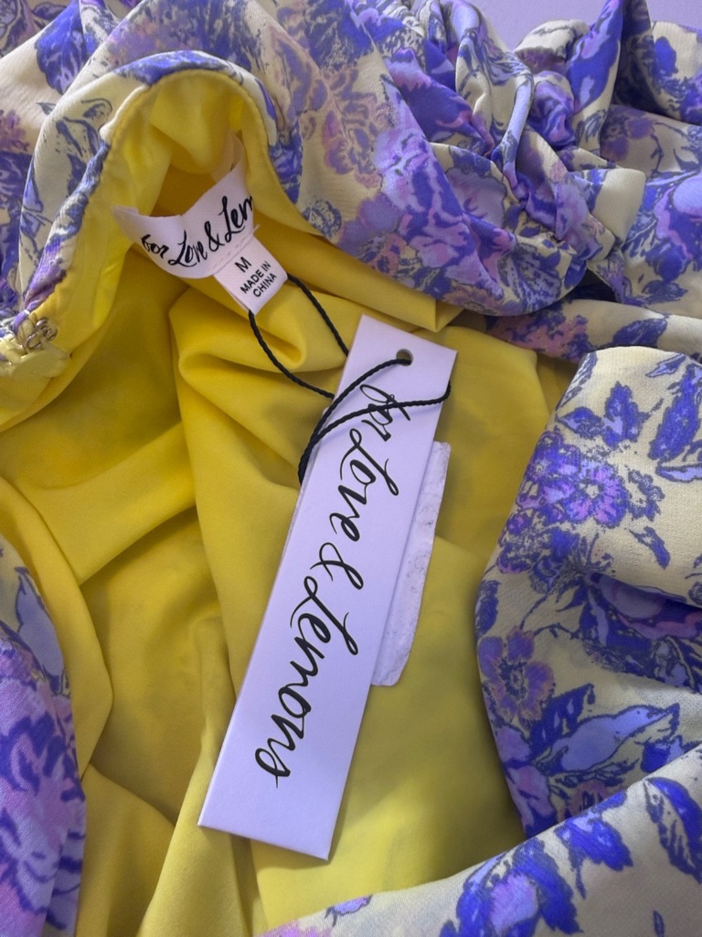 For Love & Lemons Maui Midi Dress NWT Yellow Purple Floral Romantic Size Medium - Picture 10 of 11
